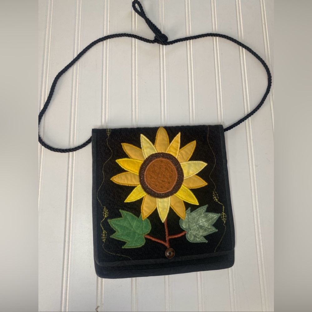 Sunflower Embroidered Black Shoulder Bag